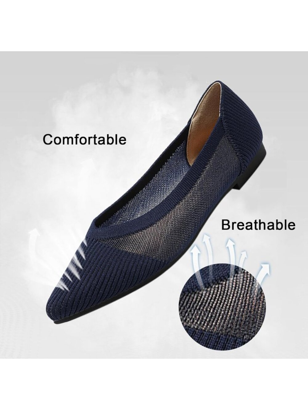 Women's Navy Blue Comfortable Dressy Mesh Pointed Toe Pull On Ballet Flat Shoes - Picture 4 of 6